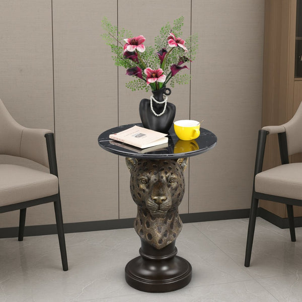 English Elm Horse Head Sculpted Resin End Table with Faux Marble Top for Bold Living Rooms W5398P454676