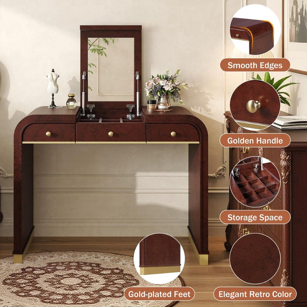 English Elm Classic Flip Top Vanity Desk with Gold Accents 2 Drawer Retro Bedroom Dressing Table Espresso N704P381406P