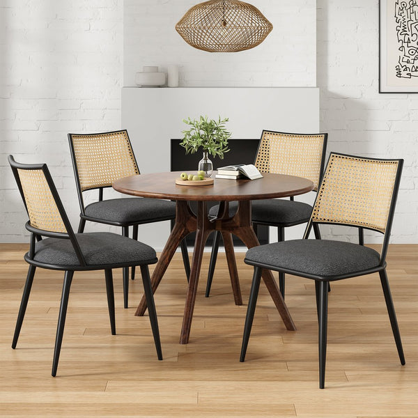 English Elm Dining Chairs Mid-Century Modern Rattan Backrest Bouclé Upholstered Metal Frame Comfortable Design DARK GREY T3623P379930