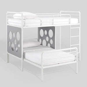 Devan Modern L-Shape Twin Bunk Bed with Fun Cutouts - Space-Saving Design in White & Cool Grey