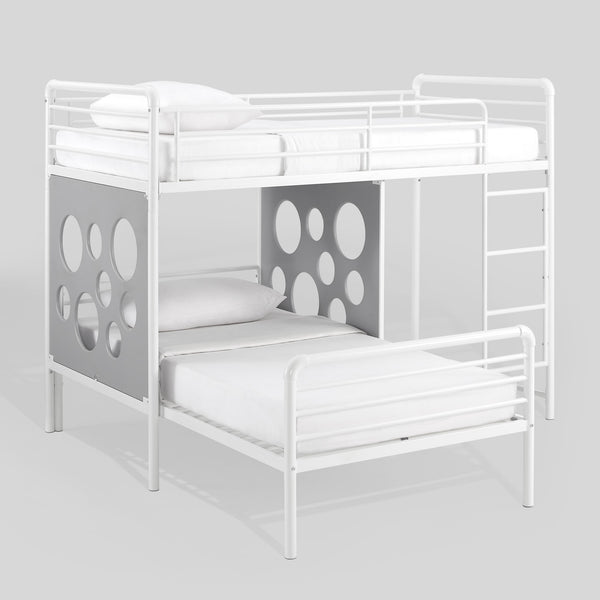 Devan Modern L-Shape Twin Bunk Bed with Fun Cutouts - Space-Saving Design in White & Cool Grey