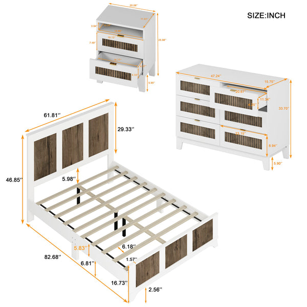English Elm 4-Pieces Queen Platform Bed Set with Storage Nightstands & Dresser, Wooden Strip Accent, Modern Farmhouse Elegance White 52.17 L x 18.5 W x 11.81 H HL000191AAK