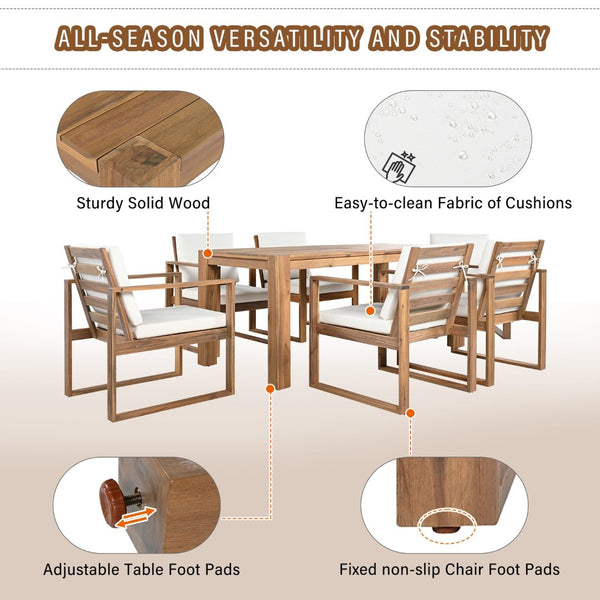 English Elm Trexm Acacia Wood Outdoor Dining Set Seats Six with Umbrella Hole Rustic Patio Beige,Light Teak TM000019AAD