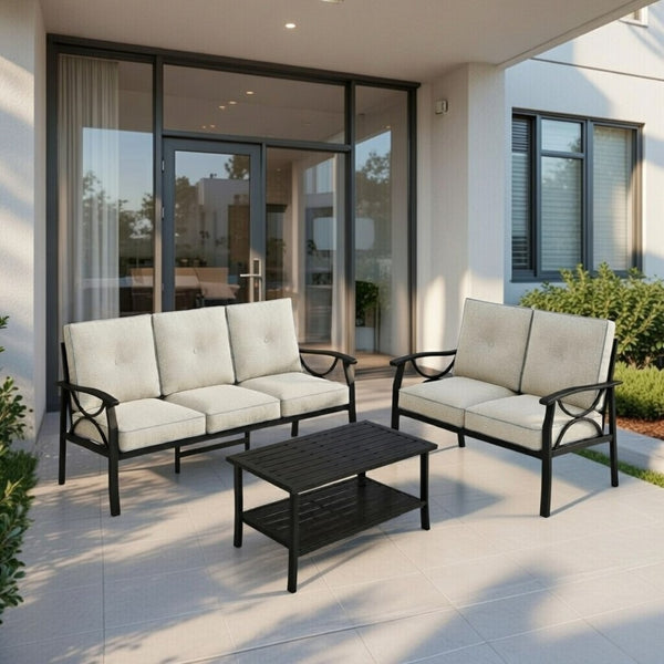 English Elm 3-piece Outdoor Steel Patio Conversation Set with Thick Cushions and Coffee Table Grey+Black B082S00134