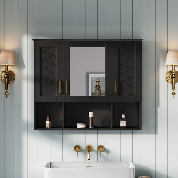 English Elm 35 Inch Wall Mount Medicine Cabinet Soft Close Mirror Storage for Modern Bathroom Black N710P389453B