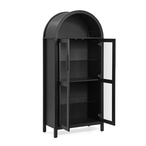 English Elm A high arched storage cabinet with lamp and adjustable glass shelves, modern retro MDF poplar display cabinet with LED accent lighting for kitchen and living room storage elegance Black W487P358610