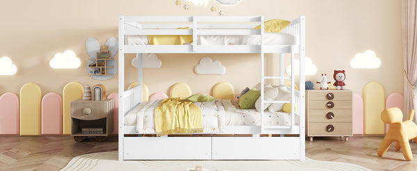 English Elm Full Full Over Full Bunk Bed In White - Durable Rubberwood With 2 Drawers, Converts To 2 Beds, Safe Design W504S00195