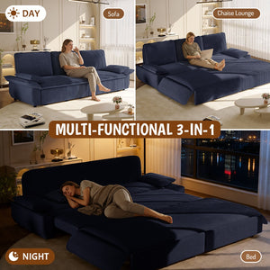English Elm 94.5" King Convertible Sleeper Sofa Corduroy Upholstered Chaise Lounge Guest Room Bed Blue W1885S00310