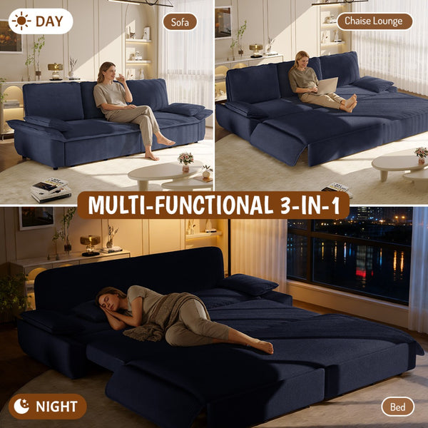 English Elm 94.5" King Convertible Sleeper Sofa Corduroy Upholstered Chaise Lounge Guest Room Bed Blue W1885S00310