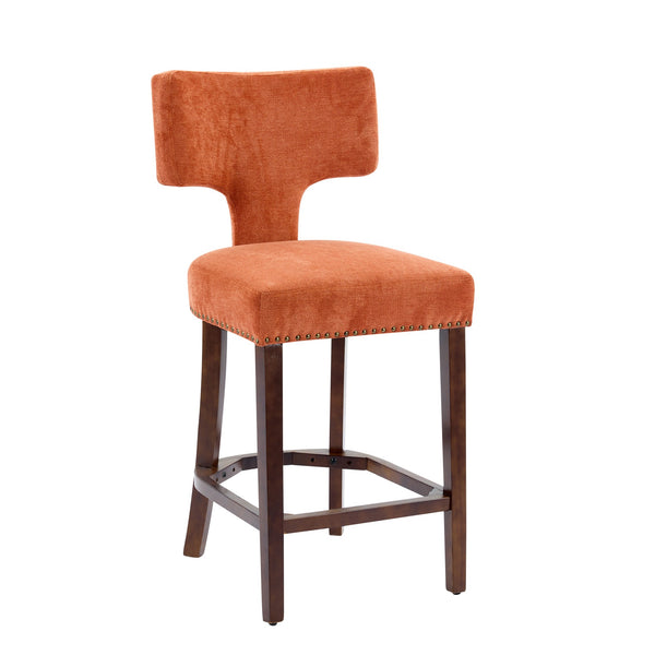 English Elm Mid Century Modern Counter Height Bar Stools Set of 2 with Curved Copper-Stud Back, Foam Spring Cushion, Walnut Legs and Adjustable Balance Studs Orange W1143P296349