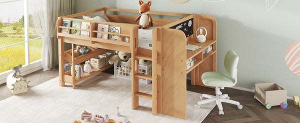 English Elm Twin Low Loft Bed Solid Pine Frame Kids Study Desk Blackboard Storage White W1580S00574