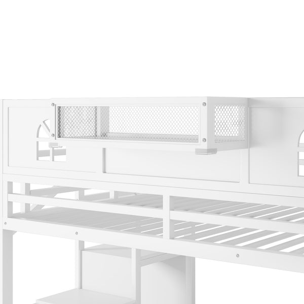 English Elm Full Size Loft Bed With Integrated Wardrobe, Stairs, House-Shaped Guardrails & Space-Saving Design W2593S00037