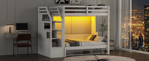 English Elm Full XL Loft Bed with Storage Staircase & Murphy Bed, Solid Pine, LED Light, Space-Saving White N7090004017K