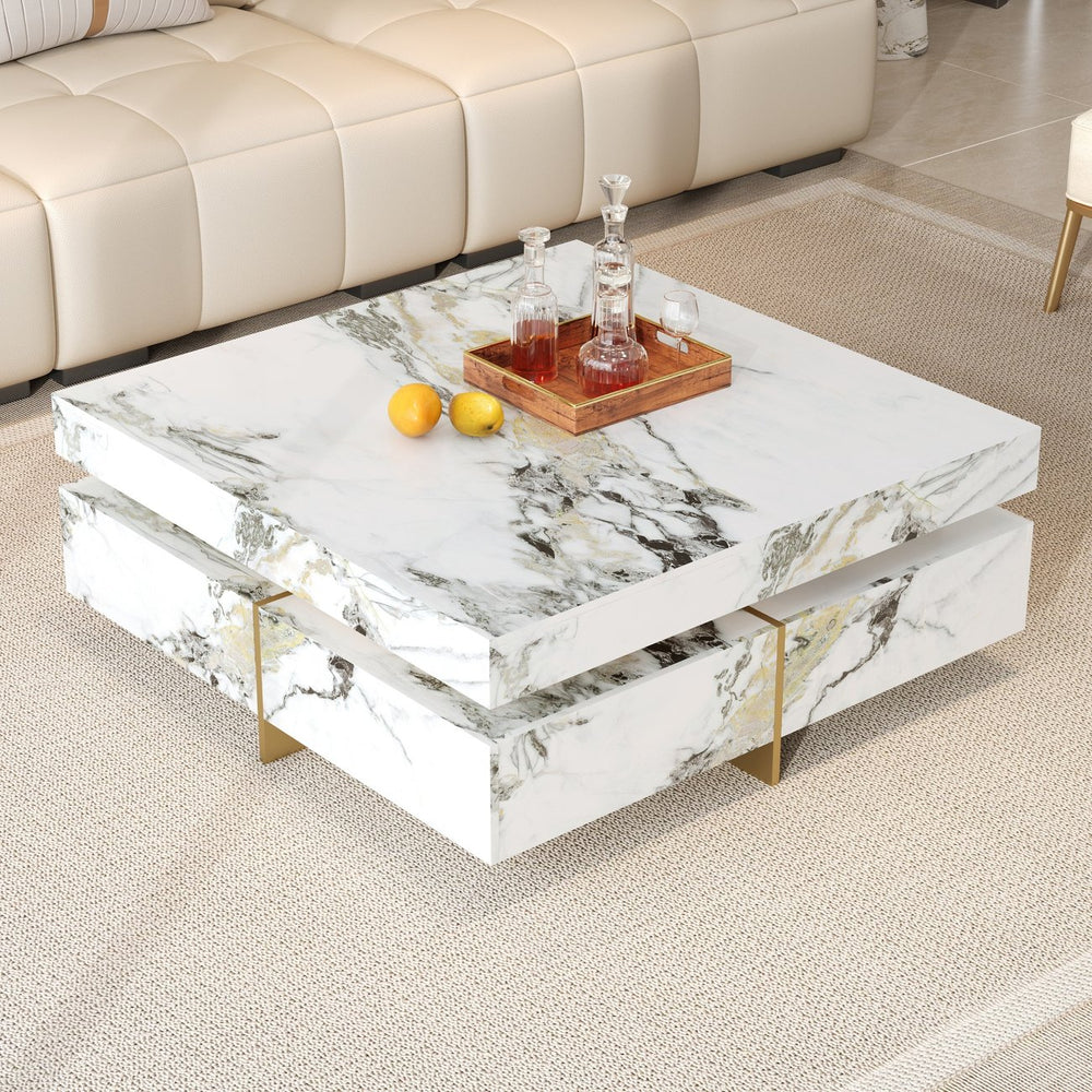 English Elm Modern Square Marble-Textured Coffee Table 43.3" White — Floating Pedestal Design, 4 Hidden Drawers, Durable Chic Storage CH350384AAK