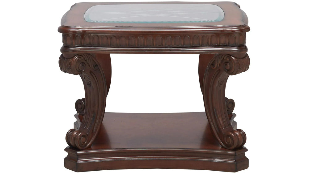 English Elm Dark Dark Oak Finish Traditional End Table with Ornate Carvings, 5mm Tempered Glass Top & Shelf B2741P357336