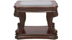 English Elm Dark Dark Oak Finish Traditional End Table with Ornate Carvings, 5mm Tempered Glass Top & Shelf B2741P357336