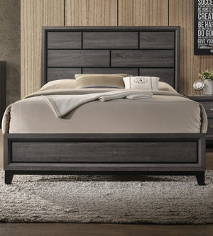 English Elm Grey Queen Size Panel Bed with Rustic Box Pattern Headboard, Transitional Rubberwood Frame, Elegant Bedroom centerpiece Antique Gray,Gray 64 L x 34 W x 6 H B011S01532