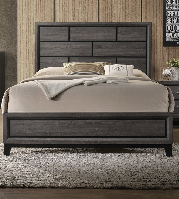 English Elm Grey Queen Size Panel Bed with Rustic Box Pattern Headboard, Transitional Rubberwood Frame, Elegant Bedroom centerpiece Antique Gray,Gray 64 L x 34 W x 6 H B011S01532