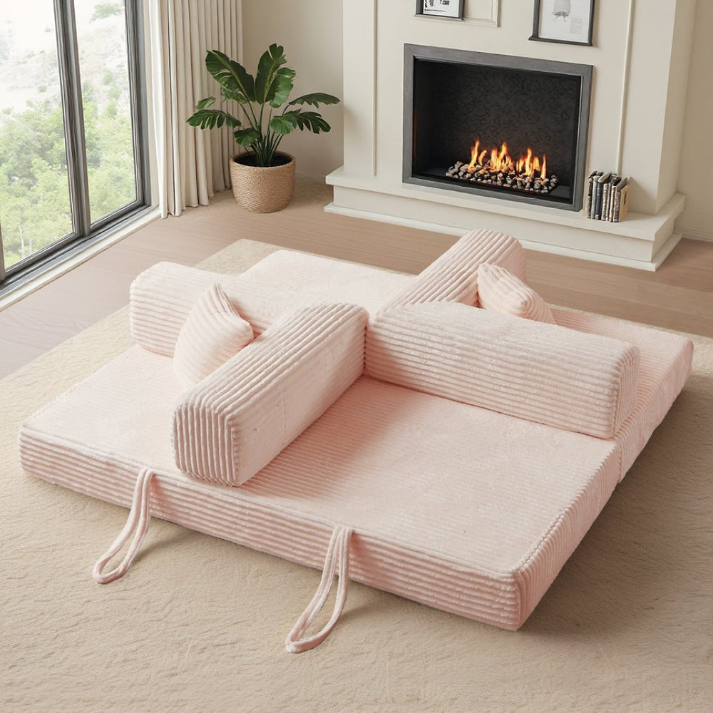 English Elm Compression Foldable Floor Sofa Bed Corduroy Futon with Foam Support for Small Spaces Pink W3716P379194