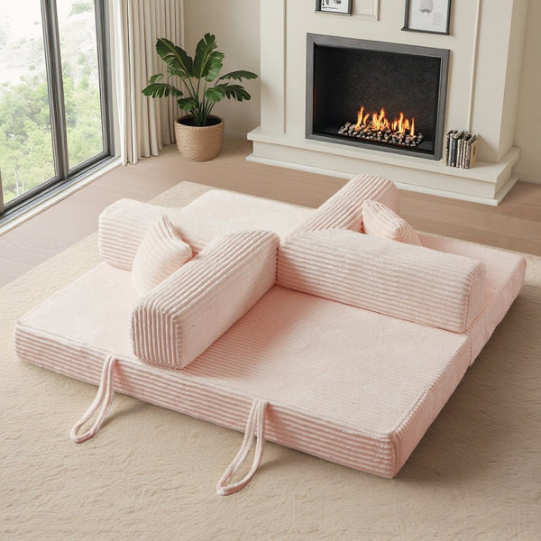 English Elm Compression Foldable Floor Sofa Bed Corduroy Futon with Foam Support for Small Spaces Pink W3716P379194