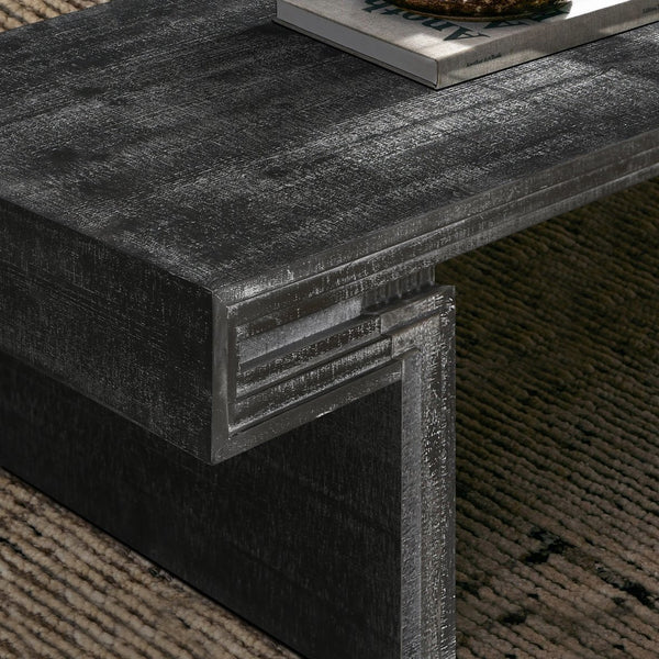 English Elm American Vintage Industrial Coffee Table with Reclaimed Wood Texture, Dual-Tier Staggered Shelves for Living Room Stylish Storage and Durable Matte Finish Antique Black W1445P287875