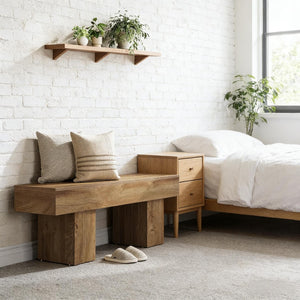 English Elm Modern Farmhouse Wood Grain Bench Versatile Seating for Entryway Bedroom or Dining T3971P447337