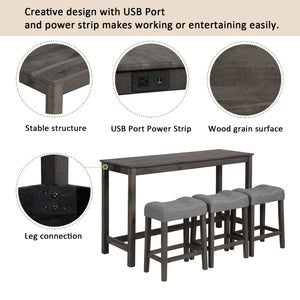 English Elm 4 Piece Bar Table Set with Power USB Type-C Outlet, Dark Gray Rustic Wood Grain Top, 3 Padded Stools for Living Room Dining Comfortable Seating and Durable Rubberwood Legs W1998P193827