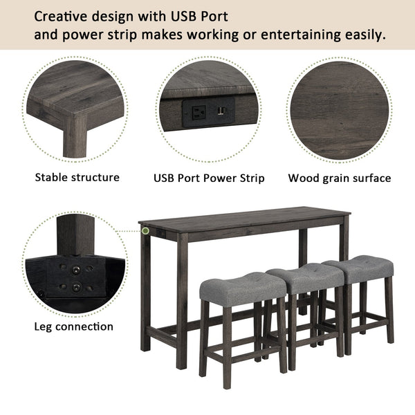 English Elm 4 Piece Bar Table Set with Power USB Type-C Outlet, Dark Gray Rustic Wood Grain Top, 3 Padded Stools for Living Room Dining Comfortable Seating and Durable Rubberwood Legs W1998P193827