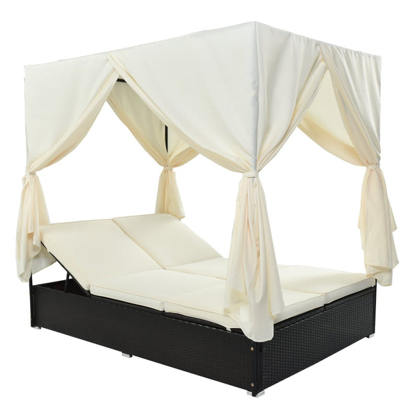 English Elm U_style Outdoor Double Daybed Resort Canopy Lounge with Steel Frame and Adjustable Backrests Beige WY000476AAK