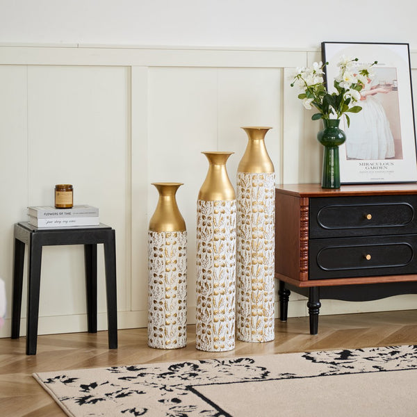 English Elm Mother's Gilded White 3D Relief Flower Metal Vase Set - Elegant Tall Cylinder Décor Trio, Gold Embossed Finish W2796P277632