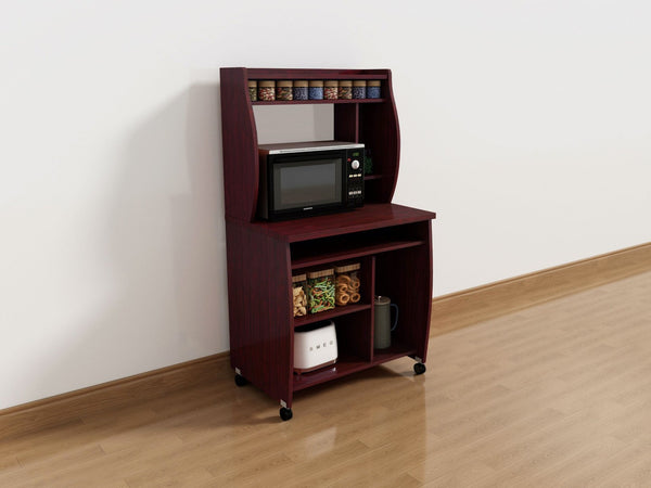 English Elm Microwave Rolling Cart with Hutch Shelves Sliding Tray and Locking Wheels for Kitchen Mahogany B107P306191