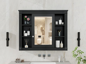 English Elm 35'' Modern Wall Medicine Cabinet with Mirror, Black MDF Storage, Soft-Close Hinges, Towel Rod, Adjustable Shelves N710P197128B