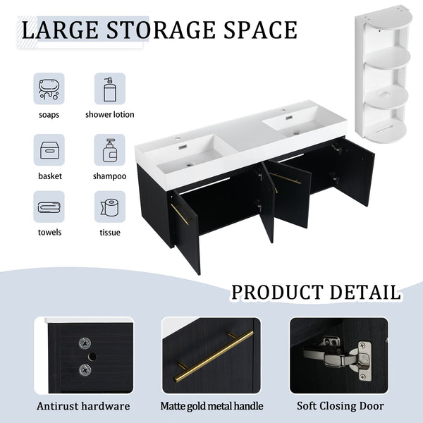 English Elm 60 Inch Wall-Mounted Bathroom Vanity With Double Resin Sink & Stylish Storage Rack, Easy Assembly W999S00372