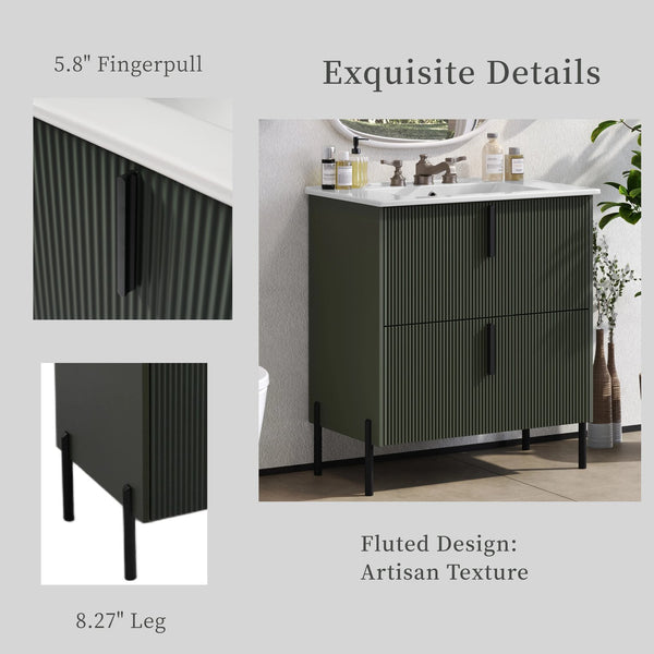 English Elm Christopher Knight Home® - 30" Fluted Bathroom Vanity With Ceramic Sink, Soft-Close Drawers & Elevated Legs For Modern Style N817P295761G