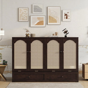 English Elm Queen Size Murphy Bed – Elegant Pine Wood Cabinet With Power Station & Rattan Accents, Espresso Finish W504S00235-GIGA
