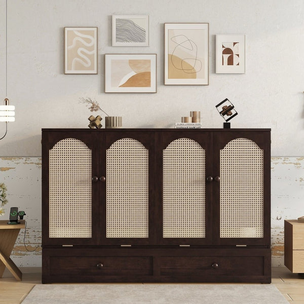 English Elm Queen Size Murphy Bed – Elegant Pine Wood Cabinet With Power Station & Rattan Accents, Espresso Finish W504S00235-GIGA