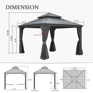 English Elm 12'x12' Hardtop Gazebo Canopy Grey — Powder-Coated Aluminum, Double Roof, Drainage, Curtains & Netting W1859S00158