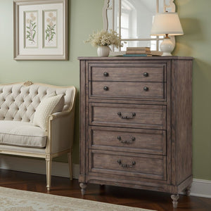 English Elm Middleton Five Drawer Chest Poplar Wood Vintage Hazel Finish with Pewter Hardware B108P468546