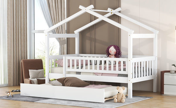 English Elm Twin House Bed with Trundle Solid Pine Frame Walnut Kids Bedroom Sleepover N708P357115K