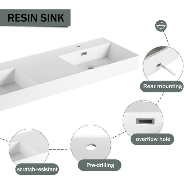 English Elm 60 Inch Wall-Mounted Modern Bathroom Vanity With Dual Resin Sinks, Soft Close Drawers & Chic Design W999S00356