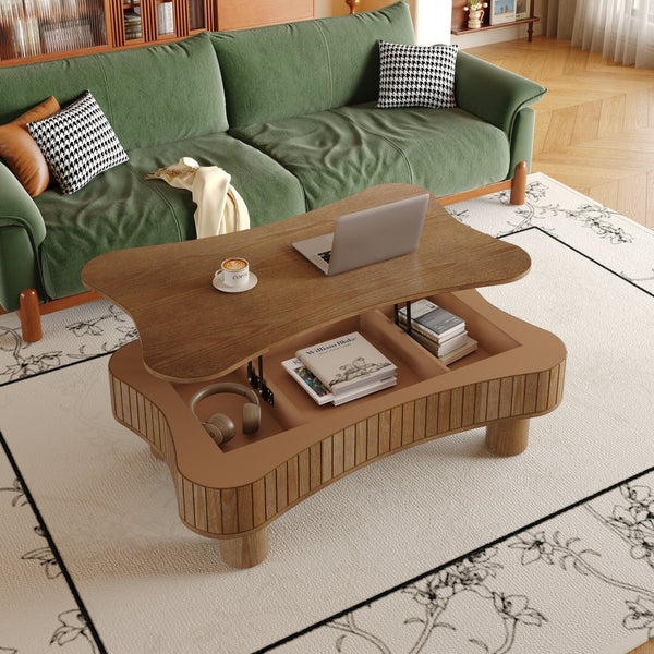 English Elm Lift Top Coffee Table with Silent Hydraulic Lift, Fluted Panels & Hidden Storage, Rounded Corners Walnut W1445P355622