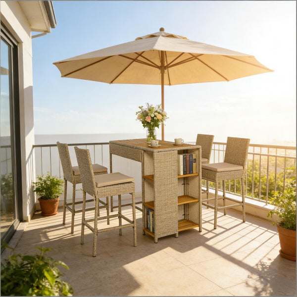 English Elm Garden Dialogue Acacia and Wicker Outdoor Bar Set with Four Tucking Barstools Beige+Brown,Natural Wood T3971S00205