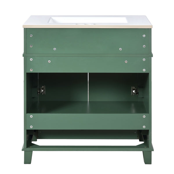 English Elm 30'' Bathroom Vanity with Sink - Retro Solid Wood Frame, Ceramic Basin, Soft-Close Doors & Ample Storage Green N710P190656F