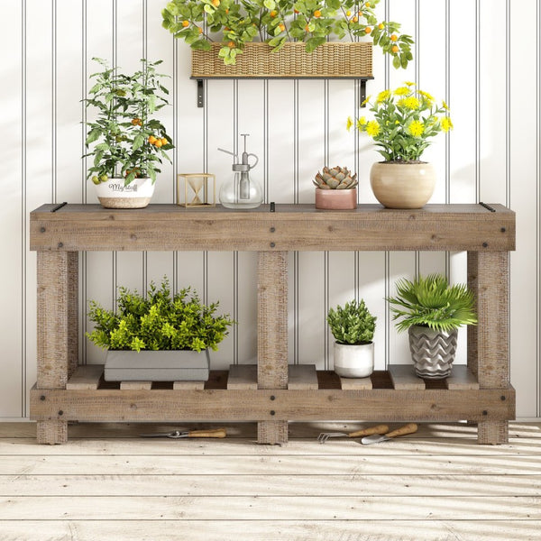 English Elm U_Style 62.9" Vintage Console Table - Solid Fir Wood, Antique Metal Rivets & Under-Shelf Storage Option N711P289135O-GIGA