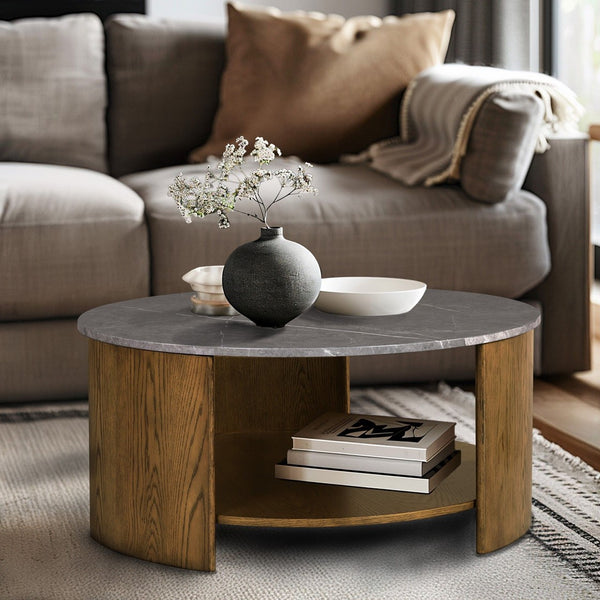 English Elm Round Keegan Mixed Material Coffee Table with Faux Marble Top & Lower Shelf, Modern 36" Dia Elegance B035P217812