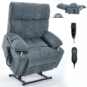 English Elm Dual Motor Power Lift Recliner with Massage Heat and Leatherair Upholstery for Living Room Grey-Blue W3224P294319