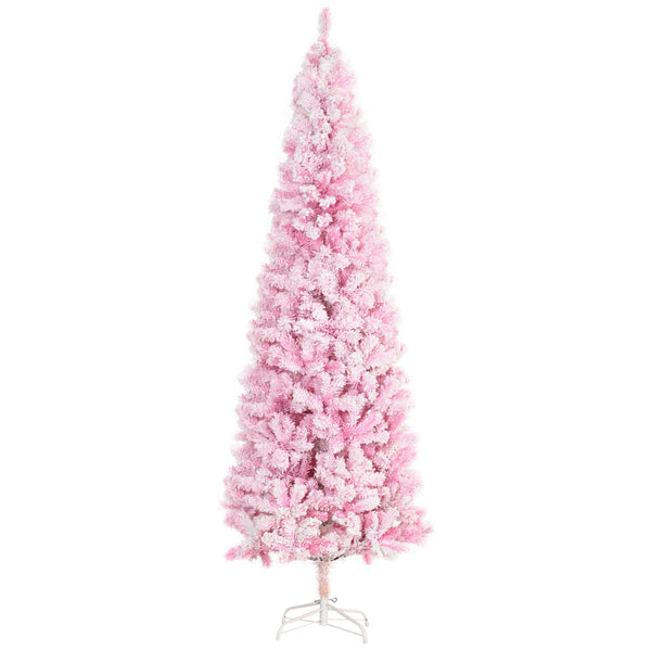 English Elm Homcom 7.5' Tall Slim Pencil Pink Snow Flocked Christmas Tree - Realistic Pine, Easy Setup & Customizable W2225P229660