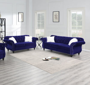English Elm 2pc Indigo Velvet Sofa Set 2pc Living Room Crystal Tufted Upholstered Couch Loveseat with Nailhead Trim B011S01699