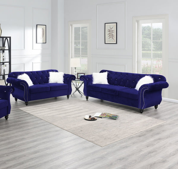 English Elm 2pc Indigo Velvet Sofa Set 2pc Living Room Crystal Tufted Upholstered Couch Loveseat with Nailhead Trim B011S01699