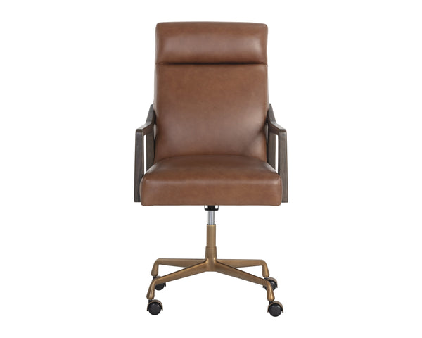 Sunpan Collin Office Chair - Stylish Bovine Leather with Elegant Iron Frame for Modern Workspace Comfort Brushed Gold, Brown, Shalimar Tobacco Leather